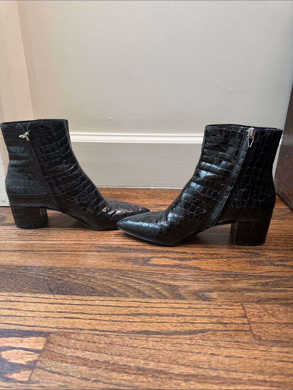 Dolce Vita Black Croc-Embossed Pointed Ankle Booties